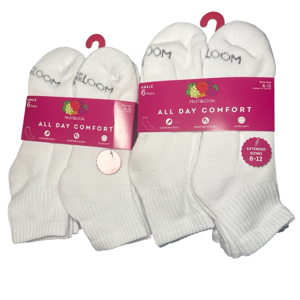 Fruit of the Loom All Day Comfort Ankle White Socks - Extended Sizing 8-12